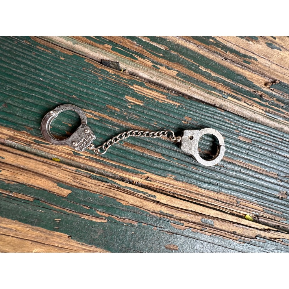 Vintage Crime Stoppers Miniature Handcuffs Keychain Silver Tone Novelty Charm